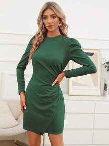 SHEIN Essnce Của phụ nữ Vòng eo Xếp li Ống tay áo Đầm - Màu xanh lá cây đậm - Xem 5