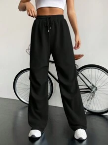 SHEIN Unity Chất rắn Eo dây rút Quần thể thao - màu đen - Xem 6