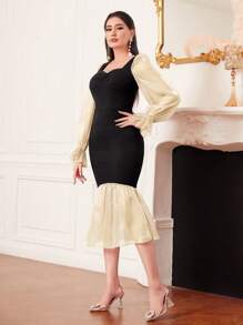 Modelyn Colorblock Flare Sleeve Mermaid Hem Dress Without Belt