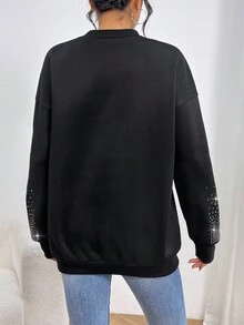 SHEIN LUNE 水鑽細節落肩袖運動衫 - 黑色 - 查看 2