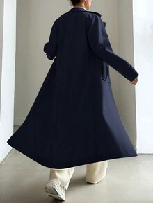 EURMUSE Abrigo De Lana Cruzado De Color Liso Para Mujer Con Cuello De Traje - Azul Marino - Ver 2