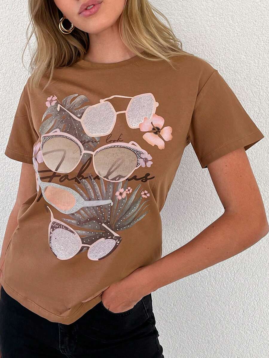 EURMUSE T-Shirt mit Blume Muster, rundem Kragen,