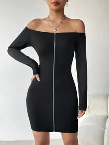 SHEIN EZwear 女性雙肩露鎖骨設計,拉鍊修身連身裙 - 黑色 - 查看 4