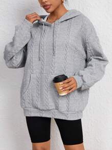 SHEIN EZwear Túi kangaroo Thả vai Dây rút Hoodie - Xám - Xem 1