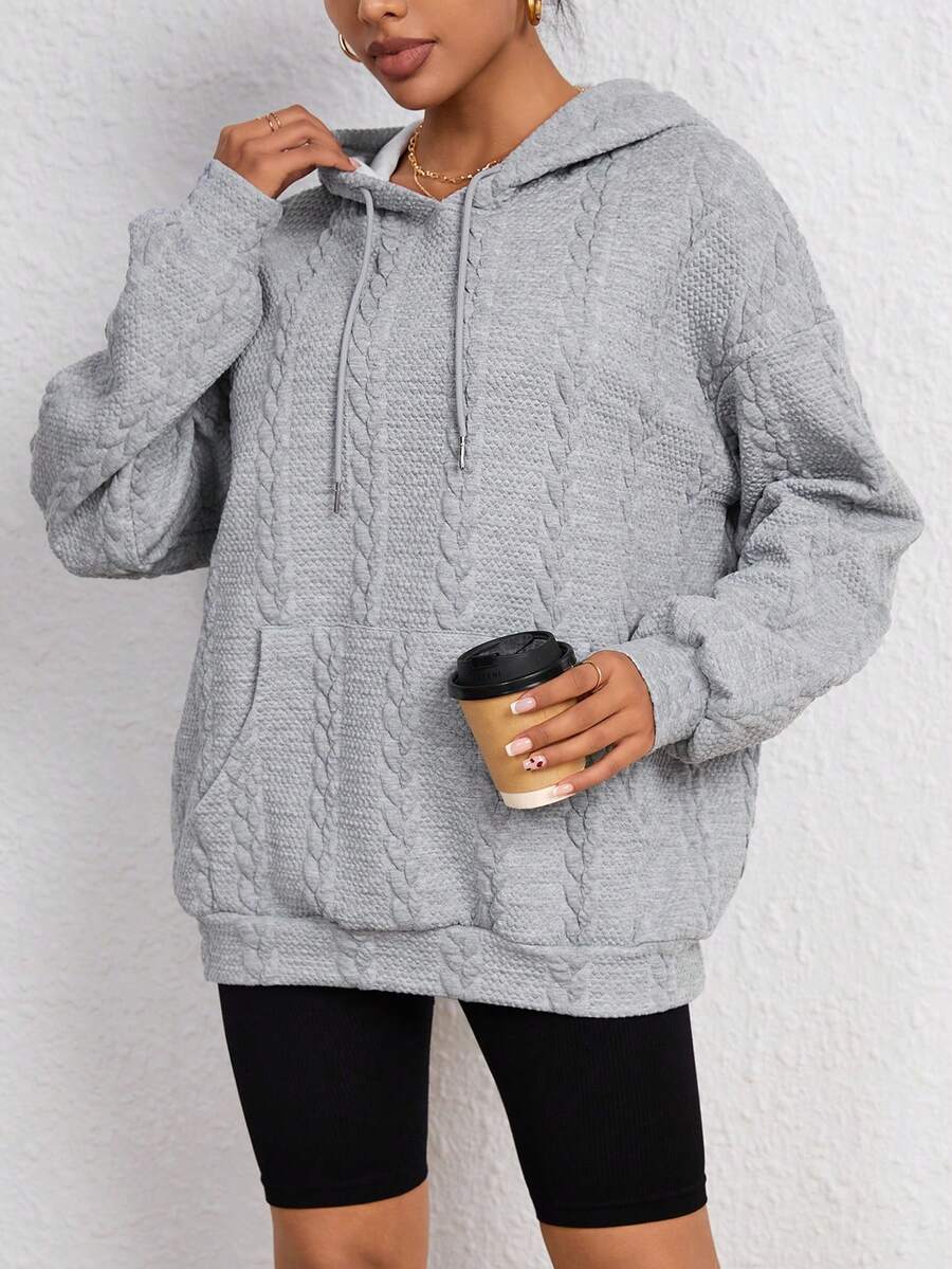 SHEIN EZwear Túi kangaroo Thả vai Dây rút Hoodie - Xám - Xem 1