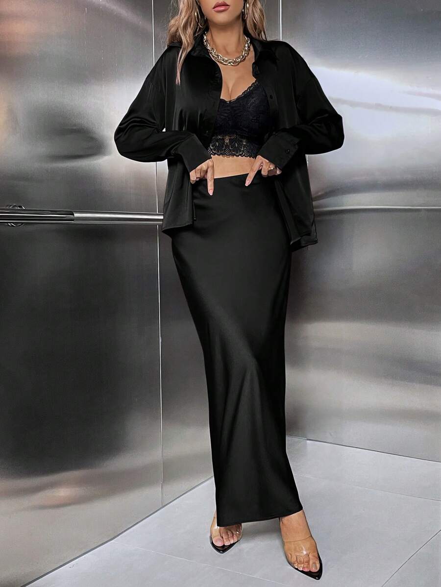 SHEIN Privé 純色正面紐帶緞面襯衫和斜裁半身裙（不含腰帶） - 黑色 - 查看 1