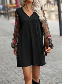 SHEIN VCAY Thêu hoa Lưới Tay áo lồng đèn Đầm - màu đen - Xem 4