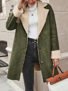 SHEIN Essnce Christmas Red Plaid Velvet Long-Sleeved Autumn And Winter Casual Mid-Length Coat - Olive Green - View 1