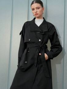 雙排釦腰帶風衣外套 - 黑色 - 查看 7