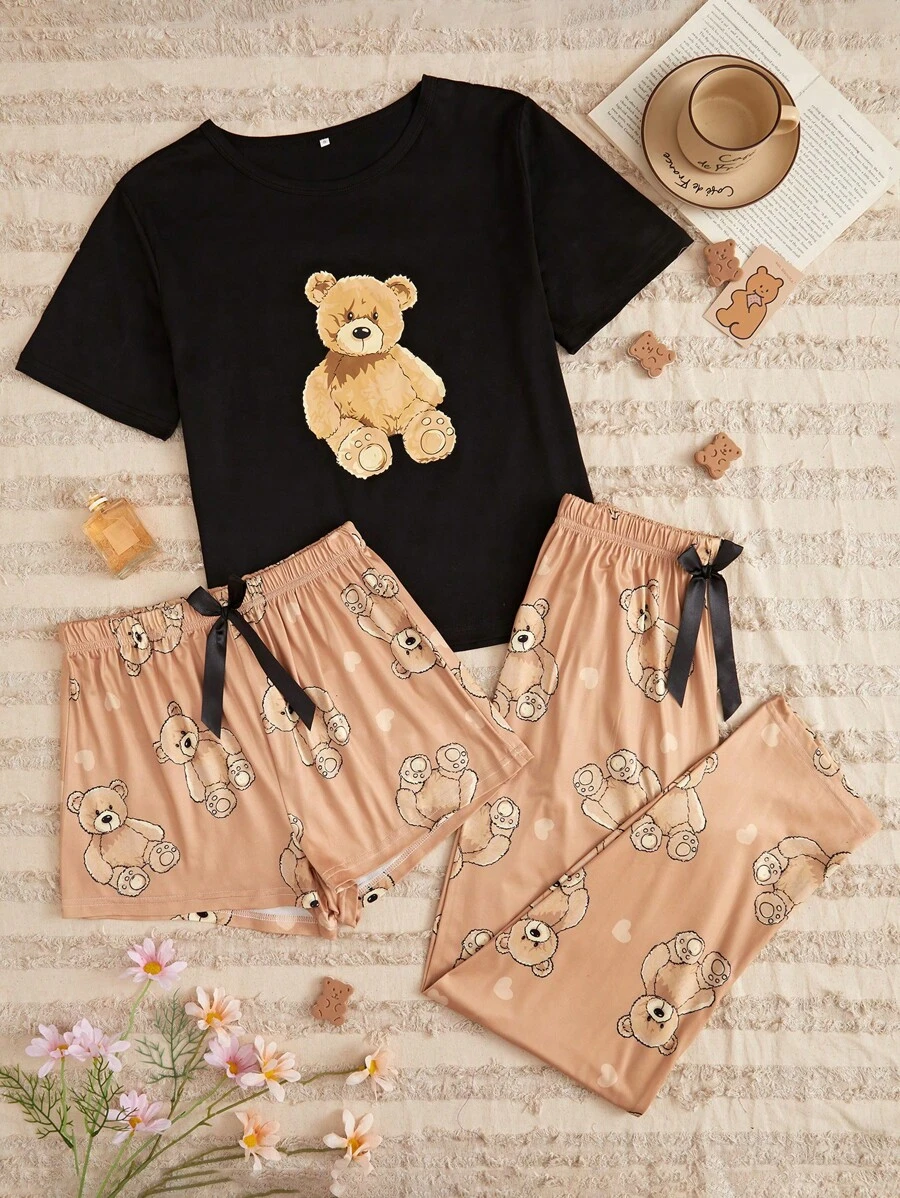 Bear Print Tee & Bow Front Shorts & Pants PJ Set / Pajama Set - Multicolor - View 1