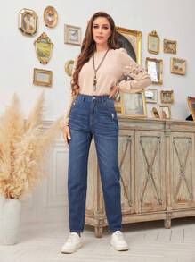 SHEIN LUNE Cao eo Mèo Whisker Denim mùa giặt Quần jean - Rửa trung bình - Xem 1