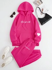 SHEIN Essnce 字母圖案袋鼠口袋抽繩加絨內裏連帽衫和運動褲 - 玫紅色 - 查看 1