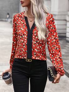 SHEIN Clasi Printed Notched Collar Shirt - Red - View 3