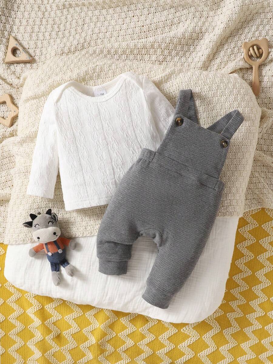 SHEIN 男嬰素色T恤&背帶連身褲 - 灰色 - 查看 1