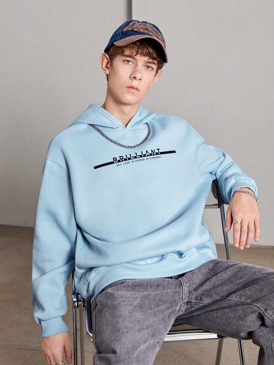 SHEIN 青少年男孩字母图案保暖内衬卫衣 - 藍色 - 查看 1