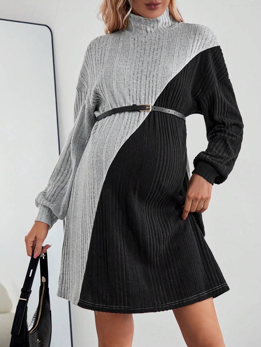 SHEIN Thai sản Khối màu Áo cao cổ Sọc Đầm - Nhiều màu - Xem 1