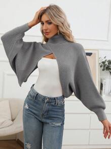 SHEIN Essnce Áo cao cổ tay cánh Áo chui đầu Áo len - Xám - Xem 5