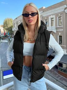 EURMUSE 拉鏈開襟抽繩連帽羽絨背心大衣 - 黑色 - 查看 4