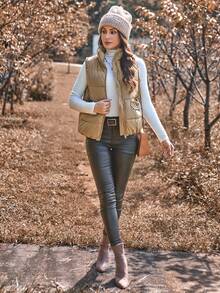 SHEIN LUNE Áo vest đệm đơn giản có khóa kéo phía trước dành cho nữ vào mùa đông - Màu Khaki - Xem 5