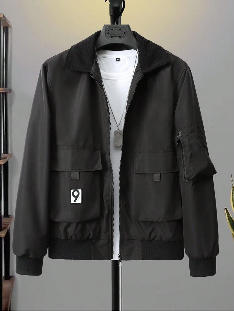 Men Letter Patched Flap Pocket Cargo Jacket Without Tee