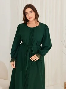 Al Najma Plus Size Lace Patchwork Dress With Waist Belt