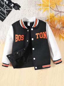SHEIN Chaqueta polar de Color de contraste cálido, práctica, suave, sencilla, informal, a la moda, para niño joven, con detalle de letras para otoño e invierno