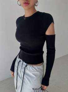 Dazy Star Cut Out Ribbed Knit Sweater,Long Sleeve Tops Fall - Black - View 1