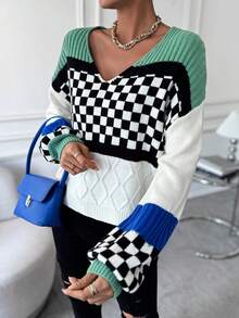 SHEIN Essnce 棋盤格圖案撞色落肩袖套頭毛衣 - 彩色 - 查看 4