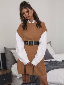 SHEIN Essnce Solid Round Neck Knit Top Without Blouse & Belt - Rust Brown - View 5