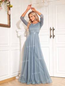 XUIBOL Contrast Lace Mesh Trim Bridesmaid Dress