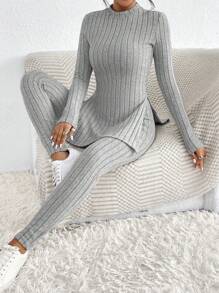 SHEIN Frenchy 高仿毛衣領家庭裝配子jacquard紋理分裂式下擺tee和打底褲 - 灰色 - 查看 3
