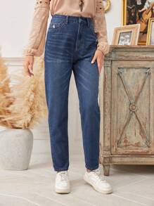 SHEIN LUNE Cao eo Mèo Whisker Denim mùa giặt Quần jean - Rửa trung bình - Xem 4