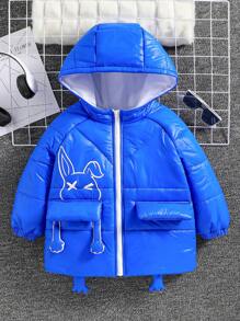 幼童男孩可愛寬鬆卡通印花厚墊毛呢連帽夾克 - 藍色 - 查看 1