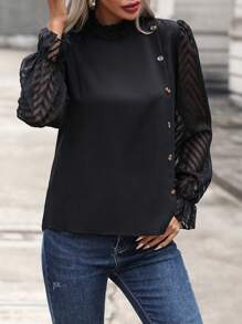 SHEIN Clasi Lưới tương phản tay áo lá sen Cổ giả Áo sơ mi - màu đen - Xem 4