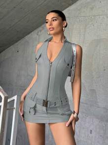 SHEIN ICON Wrap Pocket Front Zipper Belted Dress - Light Grey - View 1