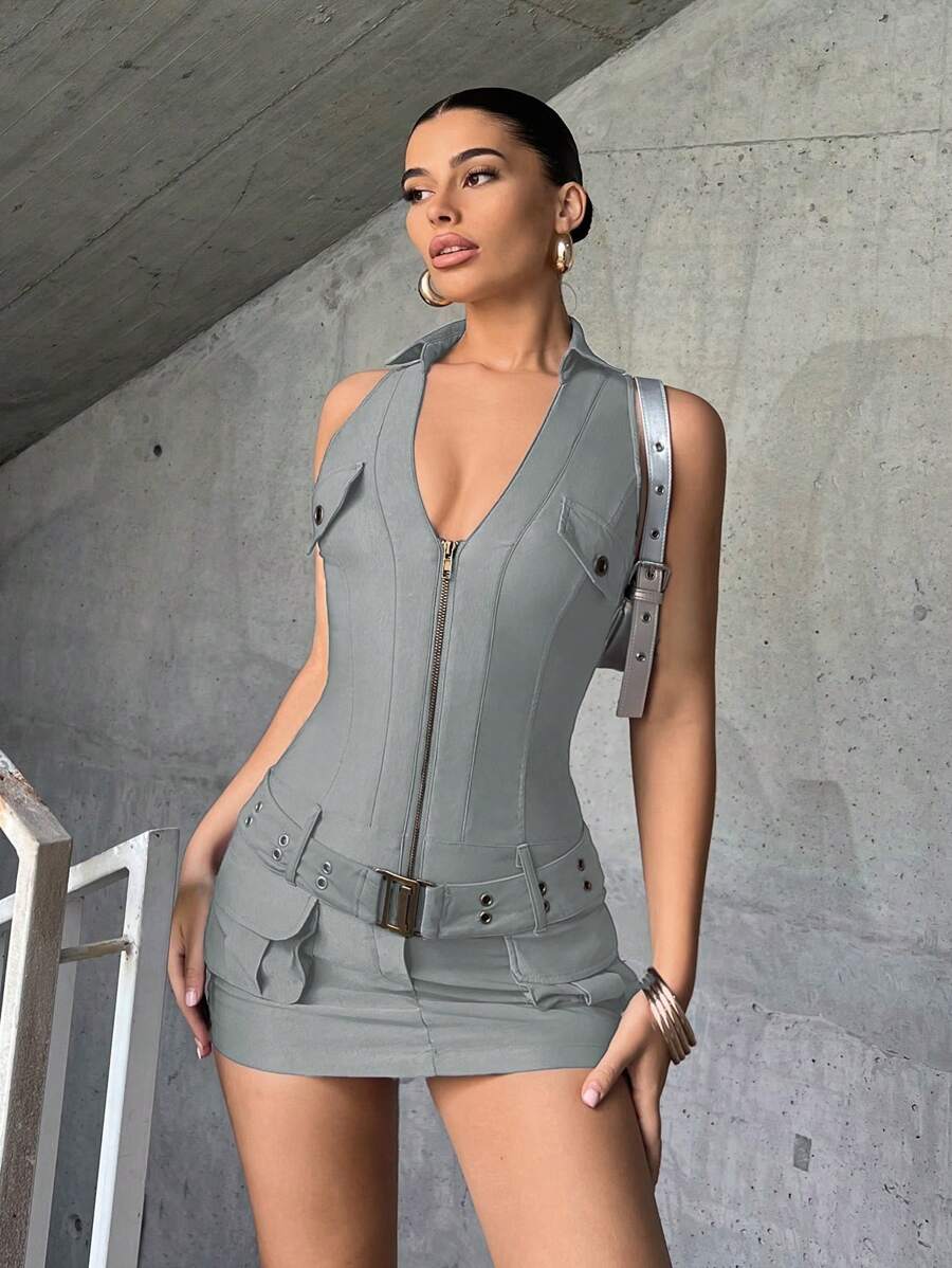 SHEIN ICON Wrap Pocket Front Zipper Belted Dress - Light Grey - View 1