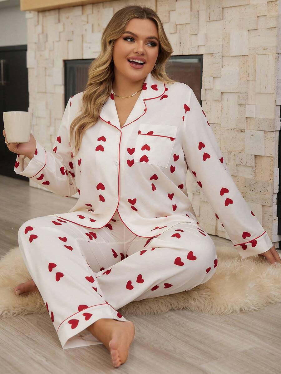 Plus-size Heart Pattern Pajama Set - Apricot - View 1
