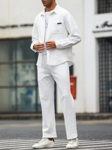 Manfinity Homme Conjunto De Camisa De Manga Larga Y Pantalón De Color Sólido Para Hombre Y Cómodo - Blanco - Ver 4