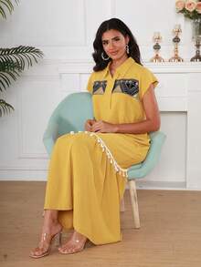 女式亮片刺绣流苏装饰翻领短袖连衣裙