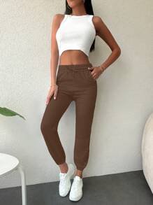 SHEIN Cottnline Drawstring Waist Slant Pocket Sweatpants - Brown - View 5