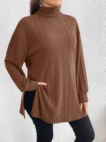 SHEIN LUNE Plus Turtleneck Drop Shoulder Split Hem Tee - Khaki - View 6