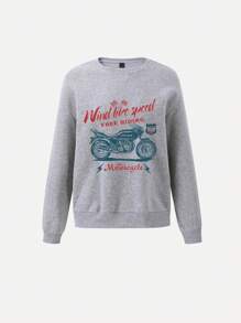 SHEIN Unity 摩托車和字母圖案落肩袖運動衫 - 灰色 - 查看 1