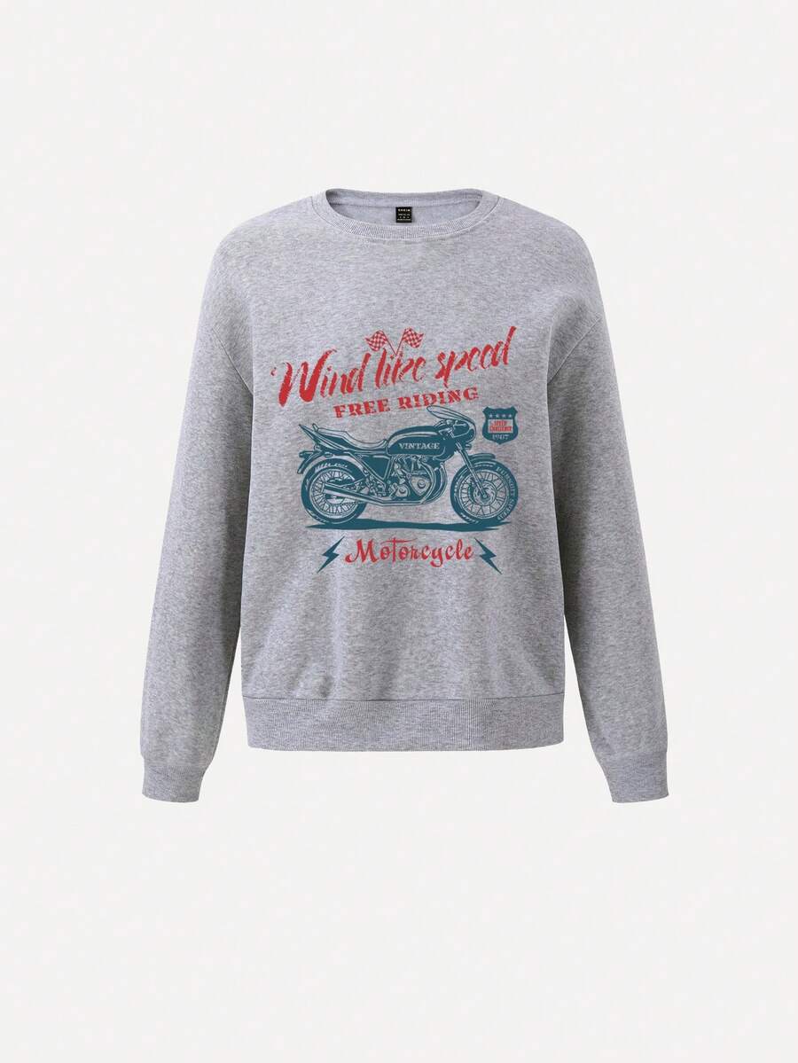 SHEIN Unity 摩托車和字母圖案落肩袖運動衫 - 灰色 - 查看 1