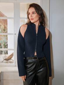 SHEIN Unity Zip Up Sweater Vest With Shrug Cardigan Knit Pullover Fall Winter Outfit - Navy Blue - View 7