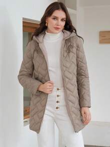 Anewsta Của phụ nữ Chần Khâu áo có mũ Áo khoác bông - Màu Khaki - Xem 1