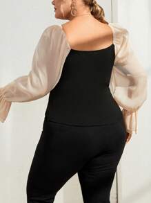 SHEIN Privé Plus Size Women's Color Block Flare Sleeve Top - Black - View 5
