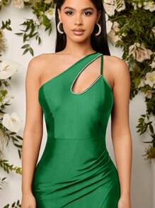 SHEIN Belle Váy satin xẻ đùi khoét cổ bất đối xứng, váy dạ hội trang trọng thanh lịch cho khách dự tiệc cưới, tốt nghiệp, váy dự tiệc tối - màu xanh lá - Xem 6