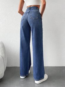 SHEIN Cottnline High Waisted Ripped Straight Leg Jeans - Blue - View 2