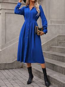 SHEIN Clasi Chất rắn Nút phía trước Váy sơ mi - Màu xanh lam - Xem 6