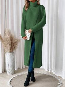 SHEIN Essnce Turtleneck Wrap Hem Drop Shoulder Sweater Knit Pullover Fall Winter Outfit - Army Green - View 5
